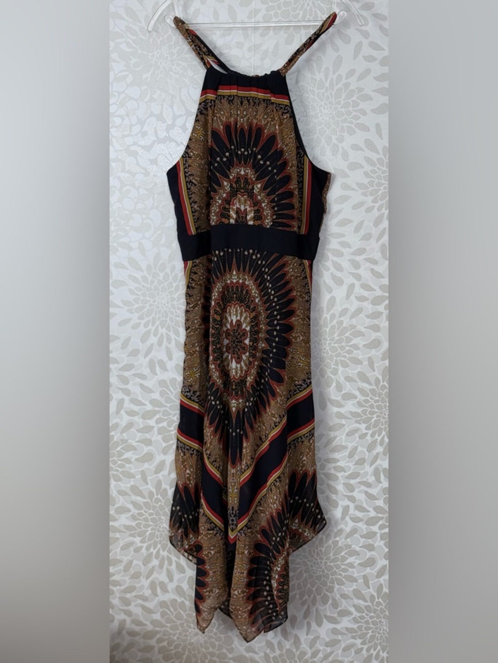 Studio One Women’s 12 Black Paisley Print Sleeveless Asymmetrical Halter Dress